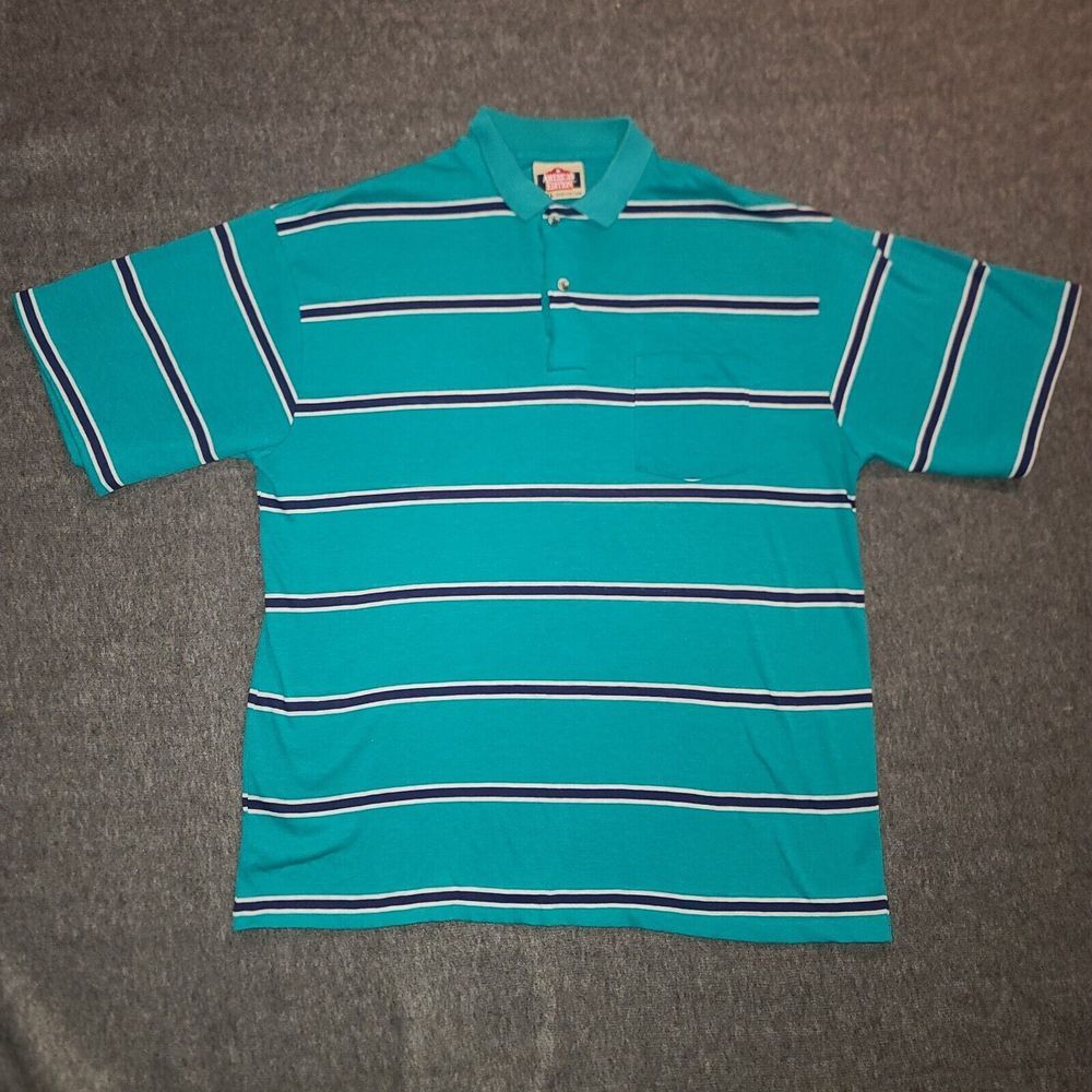American Edition Striped Polo Shirt Mens XL Teal Blue‎ White Pocket Short Sleeve